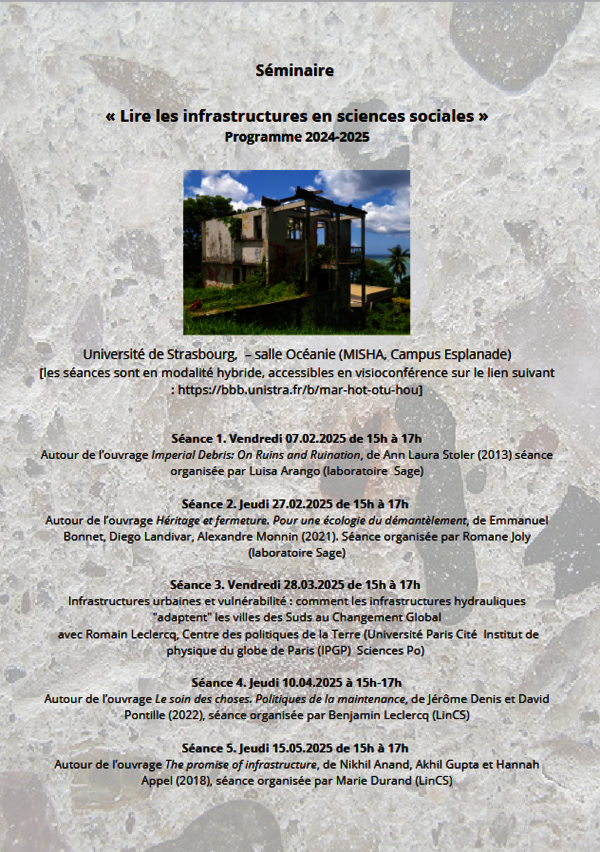 Affiche Séminaire Lire les infrastructures en sciences sociales