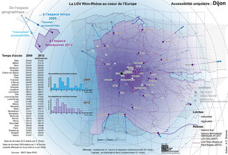 <strong>Impact de la LGV Rhin Rhône sur l'accessibilité ferroviaire à la ville de Dijon.</strong> <br> <em>Impact de la LGV Rhin Rhône sur l'accessibilité ferroviaire à la ville de Dijon. Methodes : isodist et régression bidimensionnelle. Logiciels IsoDistAngle et Darcy. Réalisation A.C. Bronner.</em> Impact de la LGV Rhin Rhône sur l'accessibilité ferroviaire à la ville de Dijon